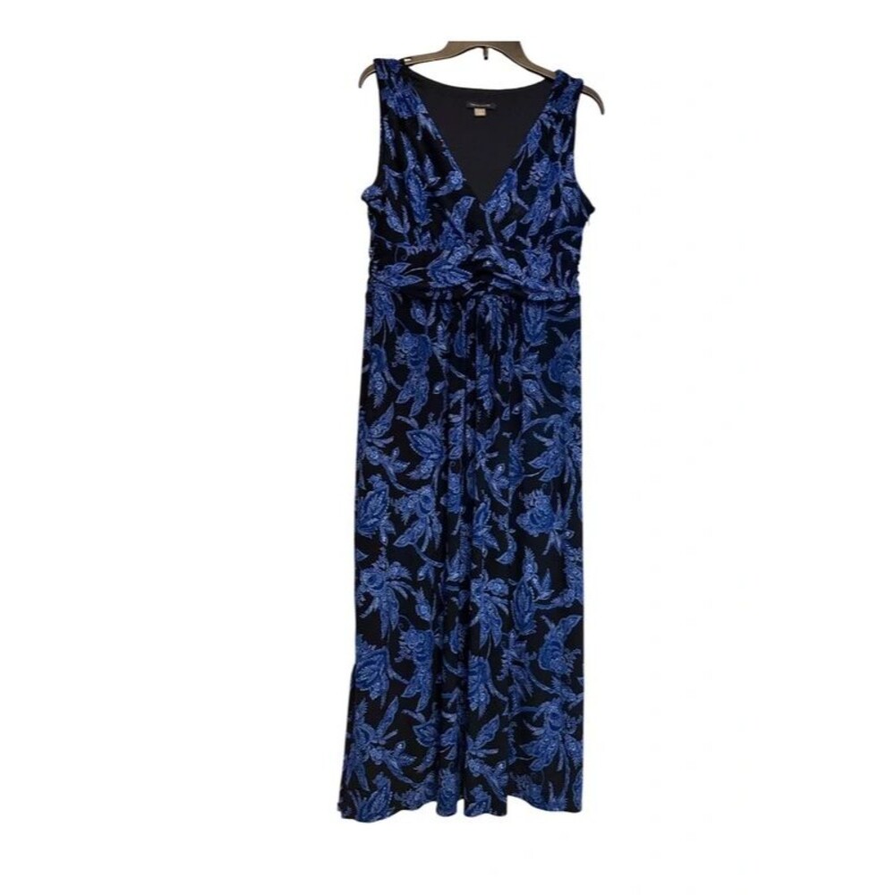 Tommy Hilfiger Blue Floral Maxi Dress Sleeveless V-Neck Cinch Waist Long Dress